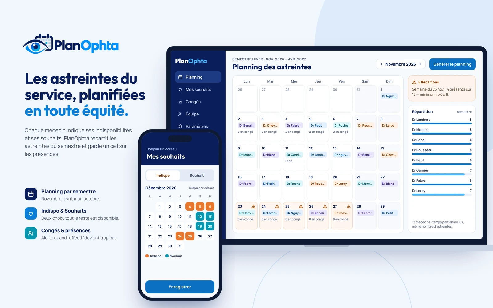 Planning des congés et des gardes et calendrier des souhaits dans l'application PlanOphta
